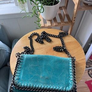 Genuine Leather Stylish Blue Chain-Trimmed Women's Bag